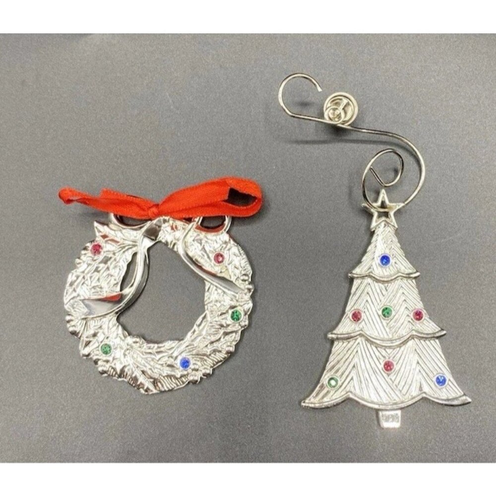 Lenox Sparkle and Scroll Christmas Ornaments Silverplate Wreath Tree Lot of 2
